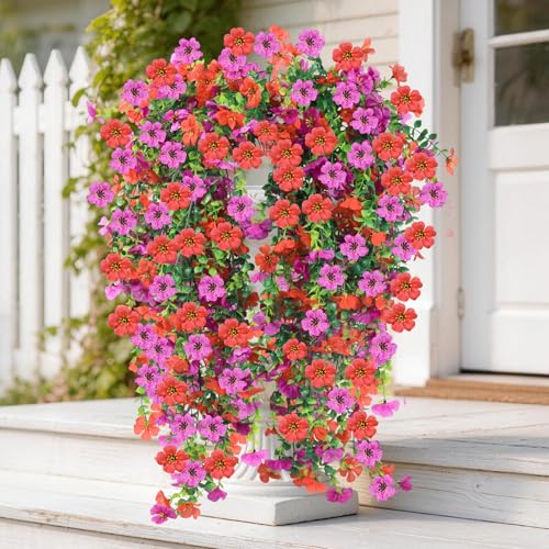 Artificial Hanging Flowers for Outdoors, 6PCS Faux Silk Artificial Flowers for Outdoors, UV Resistant Fake Flowers, No Fade Trailing Greenery, Decor for Home Porch Patio Balcony Garden Yard - color: Red Purple