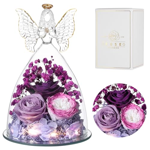 Mothers Day Rose Gifts for Women Preserved Real Flower in Glass Angel Figurines Roses for Delivery Prime Birthday Gifts for Mom Grandma Girlfriend Wife Her, Colorful Purple - color: Colorful Purple