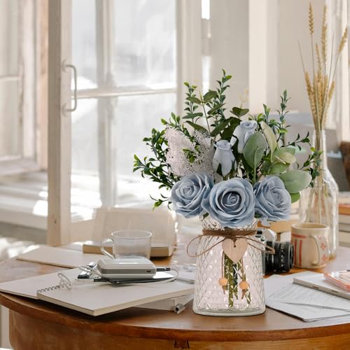 Fake Flowers with Vase Silk Rose Flowers in Vase Eucalyptus Flowers Arrangement Suitable for Home Office Decoration, Dining Table Centerpiece (Rose-Blue) - color: Rose-blue