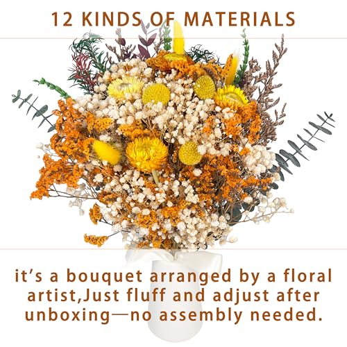 Handmade Dried Flower Bouquet, 14” Natural Orange & Yellow Floral Arrangement with Baby’s Breath, Craspedia & Eucalyptus – Boho Home Decor, Wedding Centerpieces, Rustic Floral Gift - color: Orange