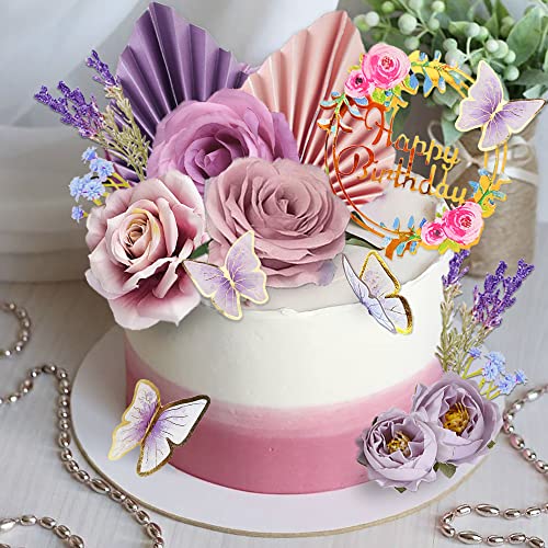 17 PCS Flower Cake Toppers Butterfly Cake Decorations Happy Birthday Cake Toppers with Artificial Purple and Pink Rose Eucalyptus for Birthday Wedding (Purple) - style: Purple
