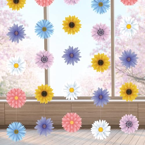 4PCS Flower Ceiling Decorations, Hanging Flowers Garland Spring Daisy Baby Shower Decorations for Girl Birthday Paper Floral Garland for Garden Fairy Tea Party Office Classroom Summer Decorations