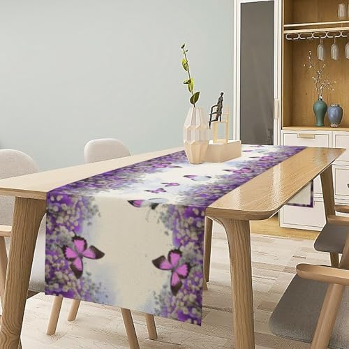 Butterfly Table Runner,Spring Seasonal Garden Theme Purple Floral Table Runner for Holiday Kitchen Living Room Home Party Decor 13x36 Inch - color: Butterfly-11, size: 13x36in
