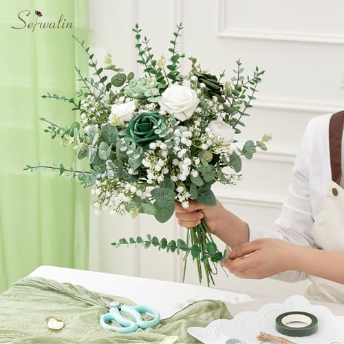 Serwalin 25 Pcs Mixed Artificial Eucalyptus Stems,Babys Breath Artificial Flowers Bulk with Faux Eucalyptus Leaves Greenery Stems for Wedding DIY Bouquets Floral Arrangement Home Decor - size: 25pcs