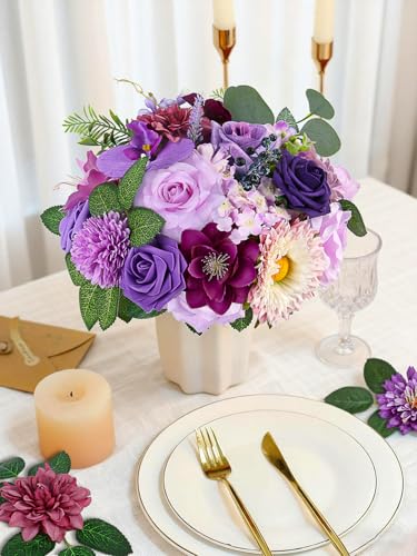 Fake Flowers Artificial Flowers Peonies Bulbous Chrysanthemum Daisy Hydrangea Sunflower Violets Dahlia Daffodils Epiphyllum Orchid Cherry Blossom Camellia Leyaron Floral Arrangements (Purple&Pink) - color: Royal Purple
