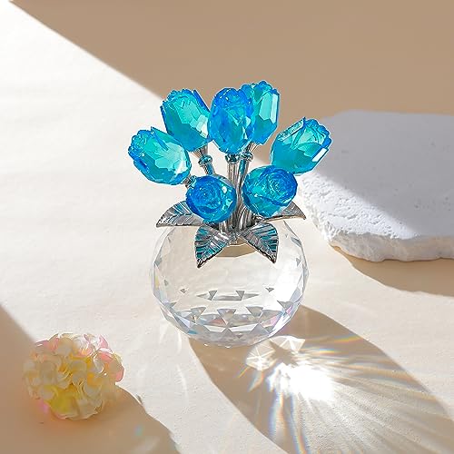 Lake Blue Rose Flower Crystal Figurine with Vase, Bouquet Flowers Ornament Gifts for Wife Girlfriend Women, Handmade Crystal Flower Collectible Home Table Decor for Valentines Day Wedding Anniversary - color: Lake Blue-crystal Rose