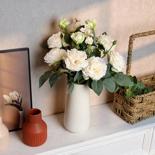 Artificial Flowers in Vase, Fake Roses Peonies Flower Bouquet with Ceramic Vase Floral Arrangements for Dining Table Centerpieces Living Room Indoor Decor - Ivory White - color: Ivory