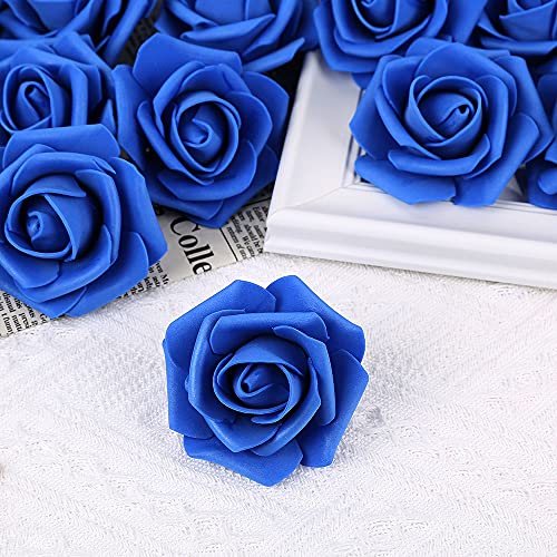 IPOPU Artificial Flowers Roses Heads, 100 Pcs Faux Flowers Real Looking Blue Foam Fake Roses for DIY Crafts Wedding Bouquets Arrangements Party Home Decorations (Royal Blue) - color: 100pcs Dark Blue