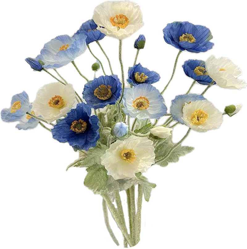 6pcs Artificial Poppy Flowers Silk Fake Poppy Flowers with Stems Faux Spring Flowers Real Touch Flowers for Home Table Centerpieces Floral Arrangement Wedding Bouquet Mixed Decoration - color: Blue-white