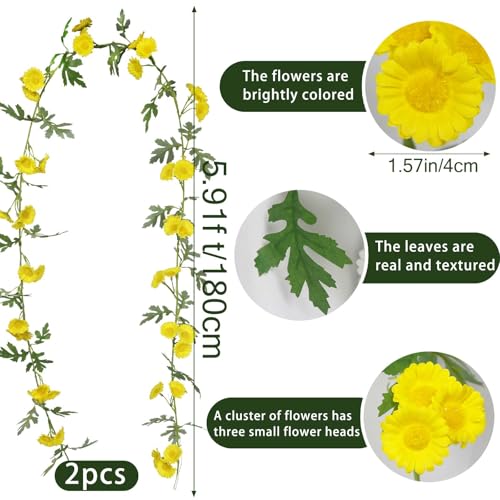 2 Pcs Wildflower Garland Spring Flowers Garland Yellow Artificial Daisy Flowers and Leaves Faux Floral Vine for Mantle Baby Shower Wedding Arch Front Door Porch Staircase Summer Decor - color: Yellow