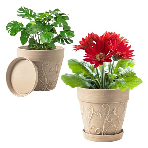 Melphoe Plant Pots Indoor with Drainage & Saucer, 2Pack 7/8 inch Flower Pots Outdoor Planters for Indoor Plants Garden Home Decor Cactus Succulent, Rigid Plastic (Imitation-Terracotta) Vine-Embossed - color: Undecorated Pottery Color, size: 7''+8"