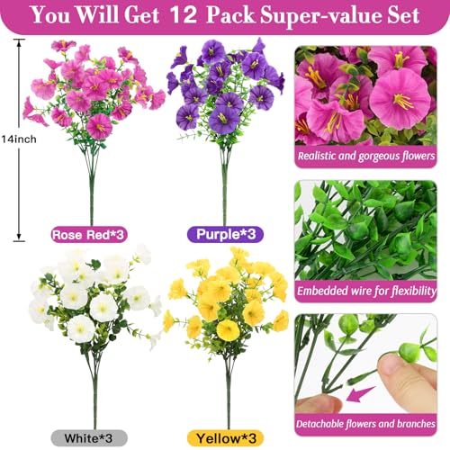 12Pcs Faux Silk Morning Glory with Eucalyptus, UV Resistant Realistic Artificial Flowers Outdoor Indoor Decor, Fake Plants for Porch Patio Garden Balcony Cemetery Home (Yellow,White,Purple,Rose Red)
