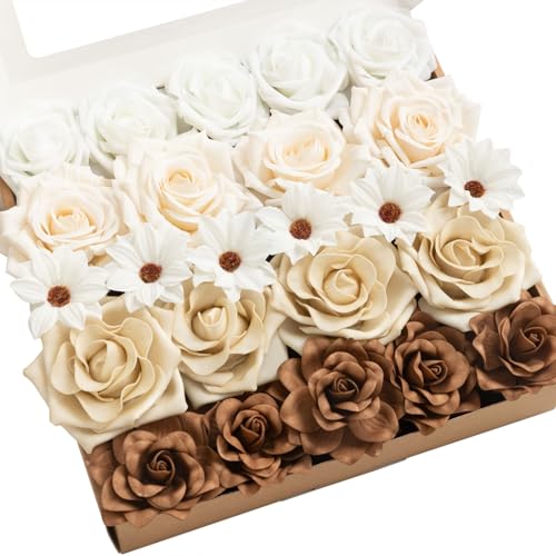 Ling's moment Artificial Flowers Fake Silk Daisy Faux Gardenia Foam Roses Combo for DIY Wedding Bouquets Centerpieces Arrangement Bridal Shower Party Home Decoration, Tawny Beige & Earth Brown, 24pcs - color: Beg-tawny Beige & Earth Brown