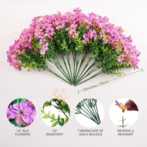 PONKING Artificial Flowers for Outdoors Patio Decoration 12 Bundles Fake Flower Cherry Blossom UV Resistant Faux Plants Yard Garden Porch Home Boxwood Planter Patio Decor, Purple Flower - color: D Purple Cherry Blossom 12pcs