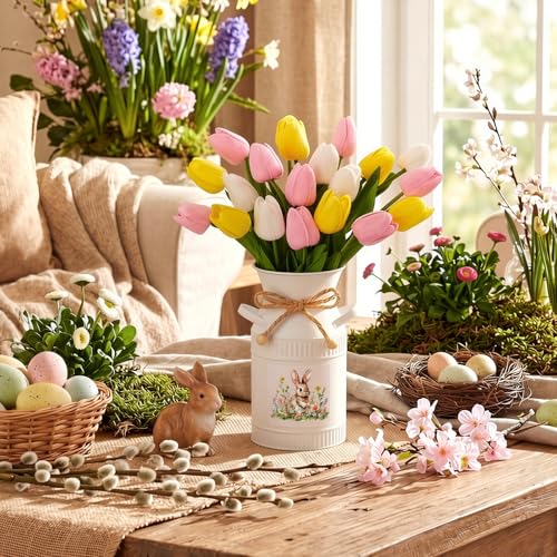21 Pcs Artificial Tulip Centerpiece Decor with Vase Artificial Flower Bouquet Vintage Bunny Metal Flower Bucket Summer Tulip Floral for Party Spring Home Decor(Multicolor,Funny) - color: Multi Color, style: Funny