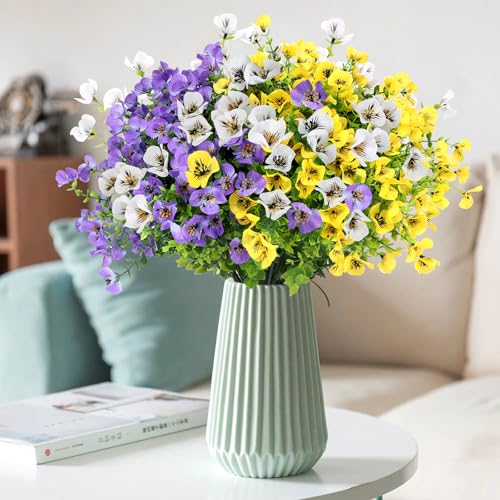 Geegoods Artificial Flowers for Outdoor, UV Resistant Faux Silk Pansy Flowers with Butterfly Accents, Realistic Fake Plants for Planters, Window Boxes & Grave Decor (Mix 3 Colors, 24Pcs) - color: Purple White Yellow, size: 24PCS