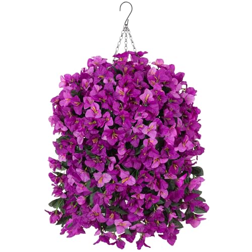 Artificial Fake Hanging Flowers with Basket for Outdoors Decoration, 3PCS Faux Flowers for Outdoor Planters UV Resistant No Fade Silk Bougainvillea for Home Porch Patio Garden Balcony Yard Decor - color: Double Lotus With Basket