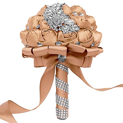 XINNI Brooch Bridal Wedding Bouquet Bride Bridesmaids Satin Rose Flower Bouquet with Meteor Shower Shape Rhinestone for Wedding Khaki - color: Khaki