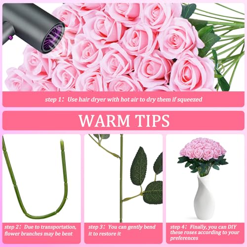 30pcs Fake Roses Artificial Silk Flowers Long Stems Bouquet for Wedding Bridal Shower Party Home Decoration (Pink) - color: Pink