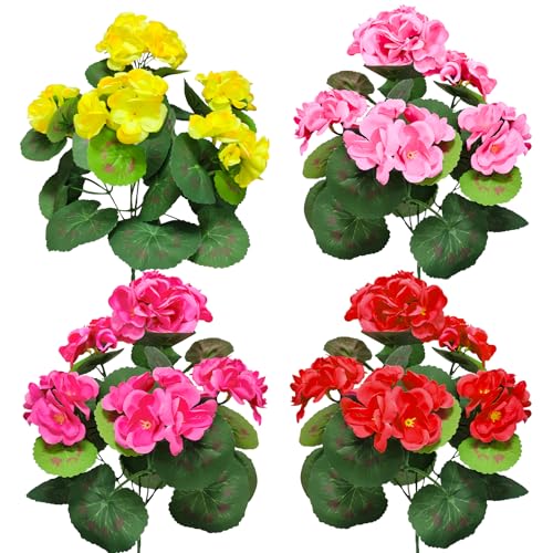 TURNMEON Artificial Geraniums Flowers for Outdoors Summer Decoration, 4 Bundles Fake Flowers Silk Color Flowers UV Resistant No Fade Faux Plants for Planter Gardens Table Porch Indoor Cemetery Decor - color: Colors