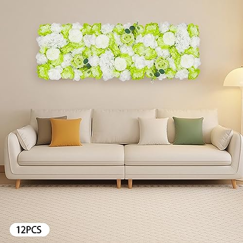 3D Flower Wall Panel Floral Backdrop,12PCS Artificial Flower Wall Background Silk Rose Mat, Artificial Flower Backdrop Faux Flower Panel for Wedding - color: 12 Pcs Green, White