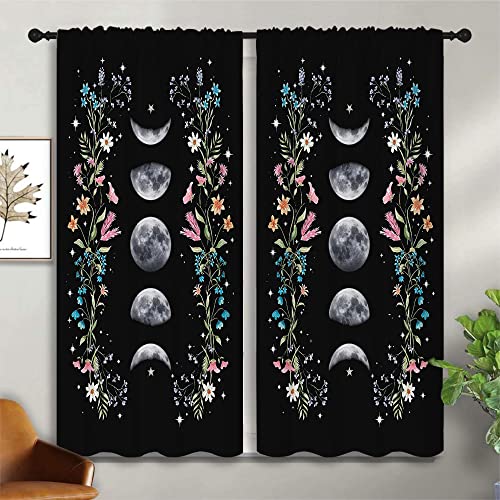 Boho Floral Wildflower Rod Pocket Blackout Curtains for Boy Girl Bedroom, Moon Phase Moonlit Garden Witchy Gothic Aesthetic Thermal Insulated Home Window Drapes for Living Room Darkening, 42x45 inch - color: Boho Floral Wildflower-002, size: 42"W x 45"L (
