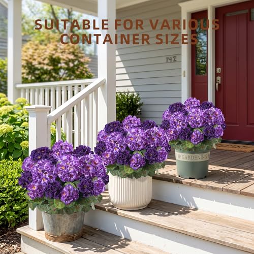 Geraniums Artificial Flowers for Outdoors, 2 Pack Potted Plants Fake Geranium Bush Realistic Fake Flowers Greenery UV Resistant Faux Flowers for Outdoor Planters Outside Gardens Front Door Indoor, Mix - color: 6 Purple, 6 Dark Purple