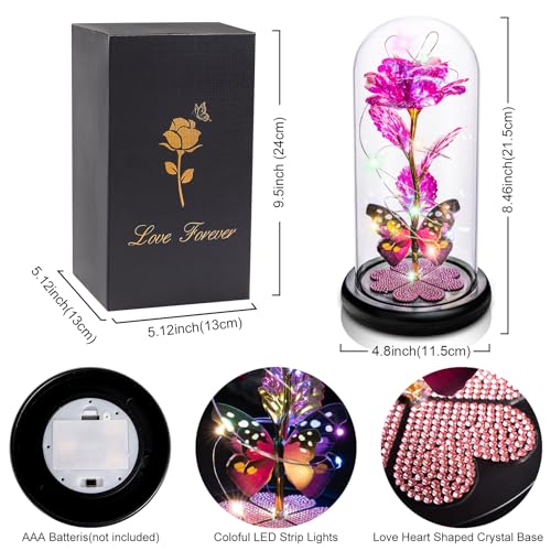 Mothers Day Mom Gifts for Mom Women Birthday Gift Galaxy Glass Rose in Glass Dome Forever Eternal Crystal Flowers with Butterfly Mother's Day Flowers Gifts for Women Wife Grandma Daughter Sister Pink - color: D Pink