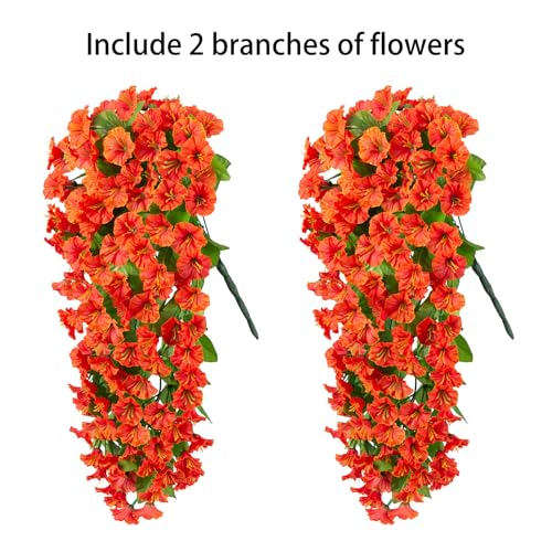 Artificial Flowers for Outdoor Decoration, 2 PCS Orange Fake Morning Glory, Silk Trailing Vines Look Real UV Resistant for Spring Porch Planter Patio Decor - color: Orange 2