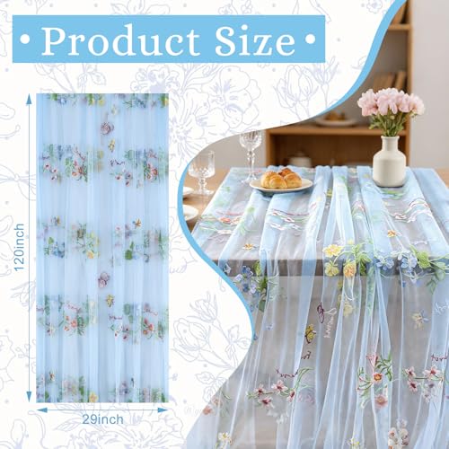 BINBE 12pcs Blue Florals Table Runner Embroidery Gauze 10FT Daisy Seasonal Tulle Birthday Wedding Holiday Kitchen Dining Table Decor for Home Party - color: Blue, size: 10ft x 12pack