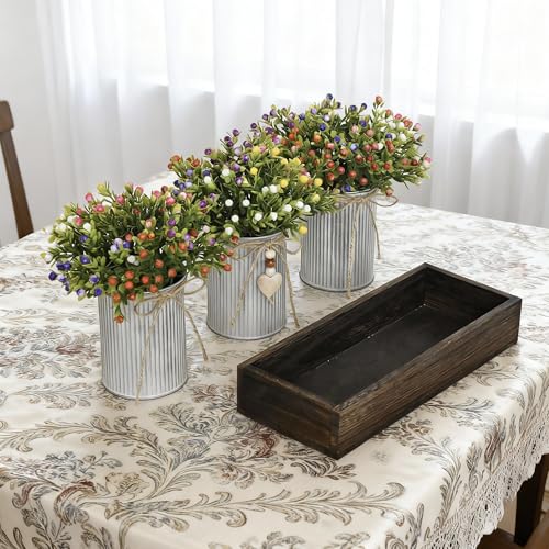 Artificial Milan Flower Bouquet Table Centerpiece, 3-Metal-Pot Table Decor on Wooden Tray, Realistic Baby’s Breath Flowers Arrangement for Home, Wedding, Party, Office & Living Room Décor - color: Milan Flowers
