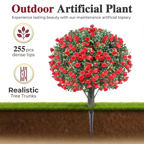 PATIO CHOICE Topiary Trees Artificial Outdoor Boxwood Ball Trees with Rose Set of 2 22" Fake Outdoor Plants Faux Bushes and Shrubs Decorations for Outdoor Indoor Front Porch Garden - color: Rose, size: 22in