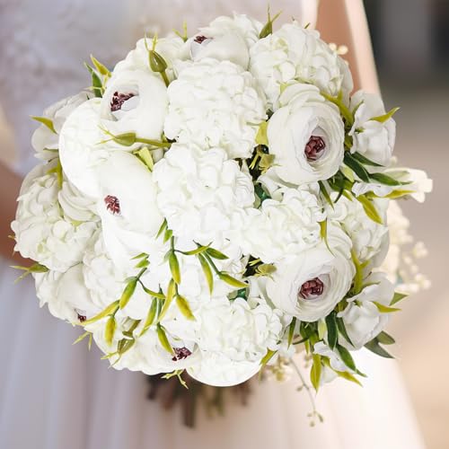 Zerzsy 10 Branch Artificial White Peony Flower Bouquet with Green Leaves Stem, Silk Flowers Bouquet Fake Peonies Flower Arrangements Vase Decorating for Centerpiece Table Wedding Party Home - color: White-10, size: 1 Bouquet