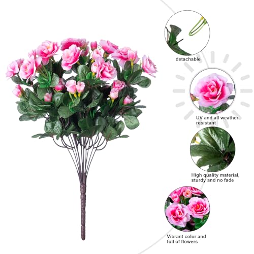 HyeFlora Artificial Faux Outdoor Flowers Plants for Spring Summer Decoration, Fake Silk Camellia UV Resistant Look Real for Planter Outside Front Door Porch Patio Balcony, 3 Large Bundles - color: Pink
