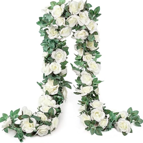 10PCS Fake Rose Garland, 7.5Ft Artificial Vines Flowers Hanging Rose Vine forfor Table Wedding Backdrop Arch Wall Party Mantle Festival Decor - color: White