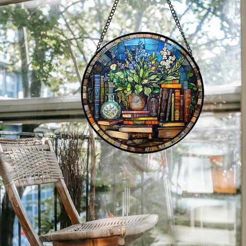 Stained Glass Window Hanging Teal Flower Vintage Books 6.3" - Blue Suncatcher Door Garden Sun Catcher Home Decor Birthday Christmas for Mom Men Woman Nana Friend - color: Blue and Brown, size: 6.3x6.3 IN