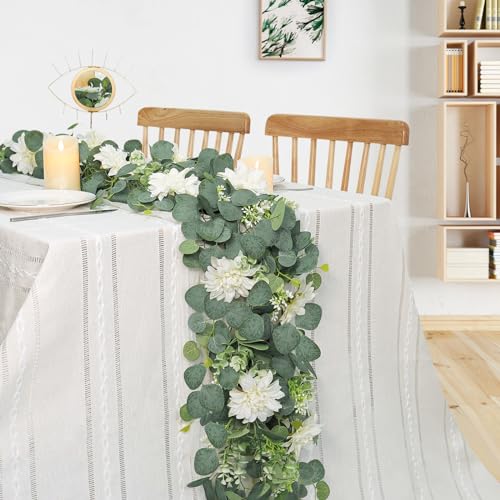 Dremisland Artificial Flowers Garlands 4 Pack 24Ft Eucalyptus Garlands with Flowers Dahlia Flower Vines Hanging Floral Garland for Wedding Arch Bedroom Home Wall Backdrop Room Decor - size: 4PCS