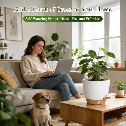 Self Watering Pots with Drainage Holes, 2 Pack 10 Inch Plant Pots with Water Level Indicator Deep Reservoir, Large Plastic Planter for Indoor Outdoor Plants - White Brown - color: White Brown, size: 10 Inch 2 Pack