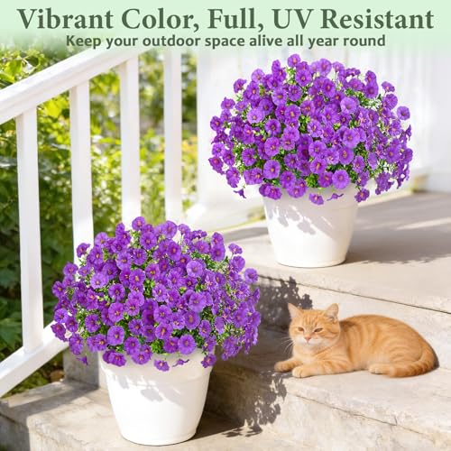 Artificial Flowers for Outdoors, Fake Outdoor Flowers(14 Bundles, Purple) | UV Resistant Faux Flowers for outdoor planters, Realistic Silk Petunia Flowers for Outside Garden Porch Patio Yard Decor - color: Purple, size: 14 Bundles