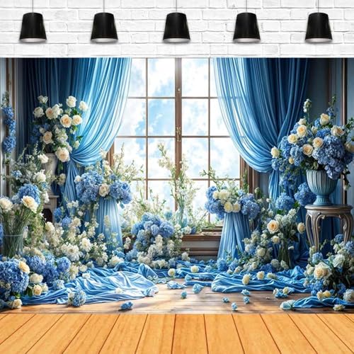 White Rose Floral Blossoms Backdrop Bridal Wedding Flowers Background Anniversary Ceremony Cake Smash Wedding Theme Party Decoration Valentine Kids Adults Woman Mom Photo Backdrop(Blue-2, 9x6feet) - color: Blue-2, size: 9x6feet