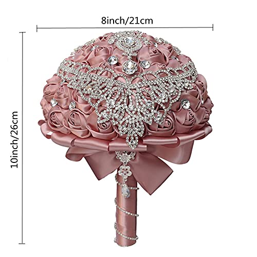 XINNI Handmade Bridal Wedding Bouquet Bride Bridesmaid Satin Rose Flower Bouquet with Drop-Shaped Rhinestone Wedding Decoration (Dusty Pink) - color: Dustypink