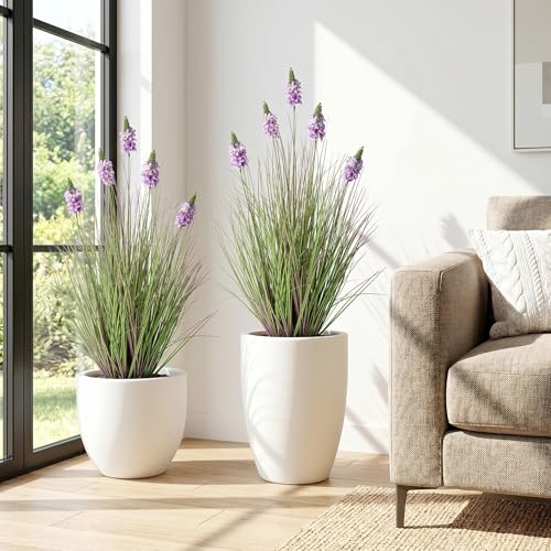 Artificial Grass 3FT - Fake Plants with Hyacinth Flowers, 35 in Tall Ornamental Grass for Indoor Outdoor, Artificial Plant with Pot for Home Living Room Decor, Housewarming Gifts, Purple(2PC) - color: 0.9m Purple2