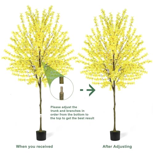 4FT Yellow Artificial Forsythia Tree, Faux Spring Forsythia Flower Branches Plant with Pot, Lifelike Fake Tree for Living Room Corner, Entryway, Porch Indoor Outdoor Decor - size: 4ft