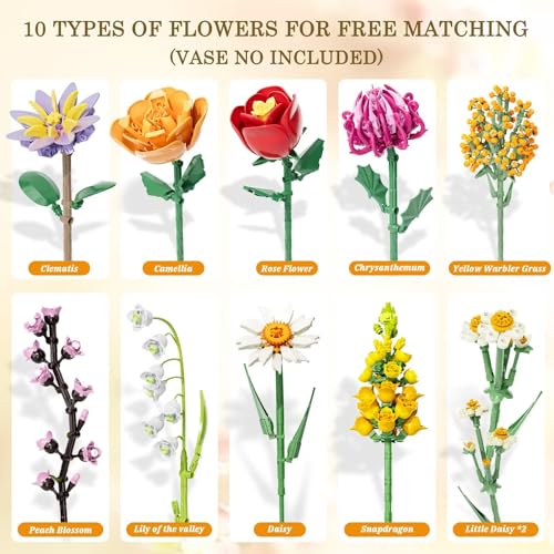 Flowers Bouquet Building Set, 1070PCS Wildflower Botanical Collection, Artificial Plant Flower Kit Toy for Adults Kids Women Her, Home Decor Gift for Birthday, Christmas, Valentines(No Vase)