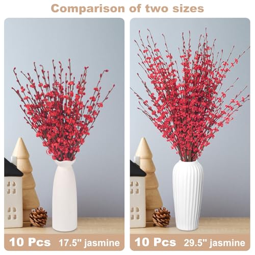 Wootkey 10Pcs 17.5'' Red Flowers Artificial Jasmine Flowers Faux Patriotic DIY Floral Art Red Berries Stem for Valentine's Day Table Centerpieces Vases Home Wedding Bouquets Party Decorations - color: Red, size: 10pcs-17.5''