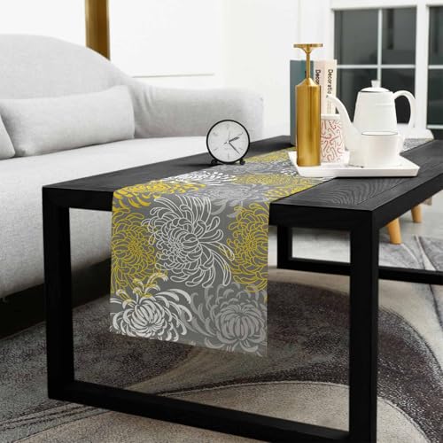Floral Table Runner-Yellow Gray White Cotton linen-Small 36 inche Dresser Scarves,Flower Tablerunner for Kitchen Coffee/Dining Table Bedroom Home Living Room,Summer Spring Holiday Dinner Scarf Decor - color: Texturezld5966, size: 13x36 Inch