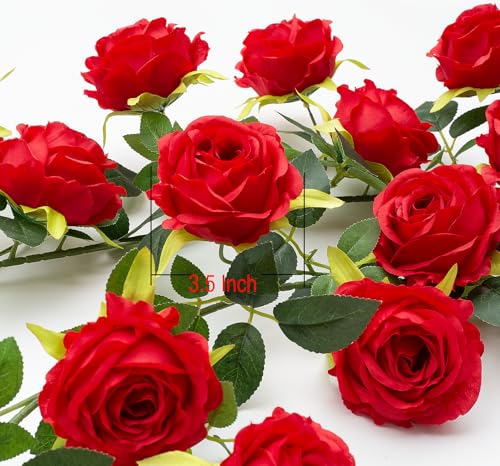 2Pcs 12Ft Bendable Artificial Flower Garland Faux Rose Vine Hanging Floral Garland for Wall Decor Trellis Fence Home Room Garden Wedding Decoration(Red, 2pcs) - color: Red, size: 2pcs