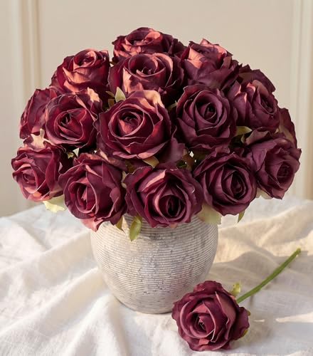 Ivydale 18pcs Burgundy Roses Artificial Flowers, Fake Roses Silk Flowers with Stems Realistic Bouquet for Mother's Day Wedding Party Home Decoration DIY Centerpiece Floral Romantic Gifts - color: Rose-burgundy