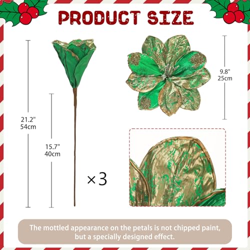 Briful 3PCS Magnolia Artificial Flowers 21.2" Green Gold Fake Magnolia Flower Stems with Specially Designed Mottled Petals Christmas Tree Flowers for Holiday Wreath Garland Xmas Decor - color: Green Gold