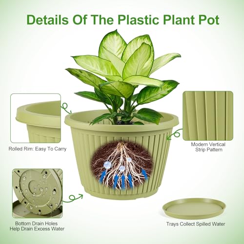 10-inch-Planters-for-Outdoor-Plant，Plastic Indoor Flower Pots with Drainage Holes & Saucer，4 Packs Decorative Garden Pots for Plant for Home Porch Decor - color: Avocado Green, size: 10 inch-4 Pack